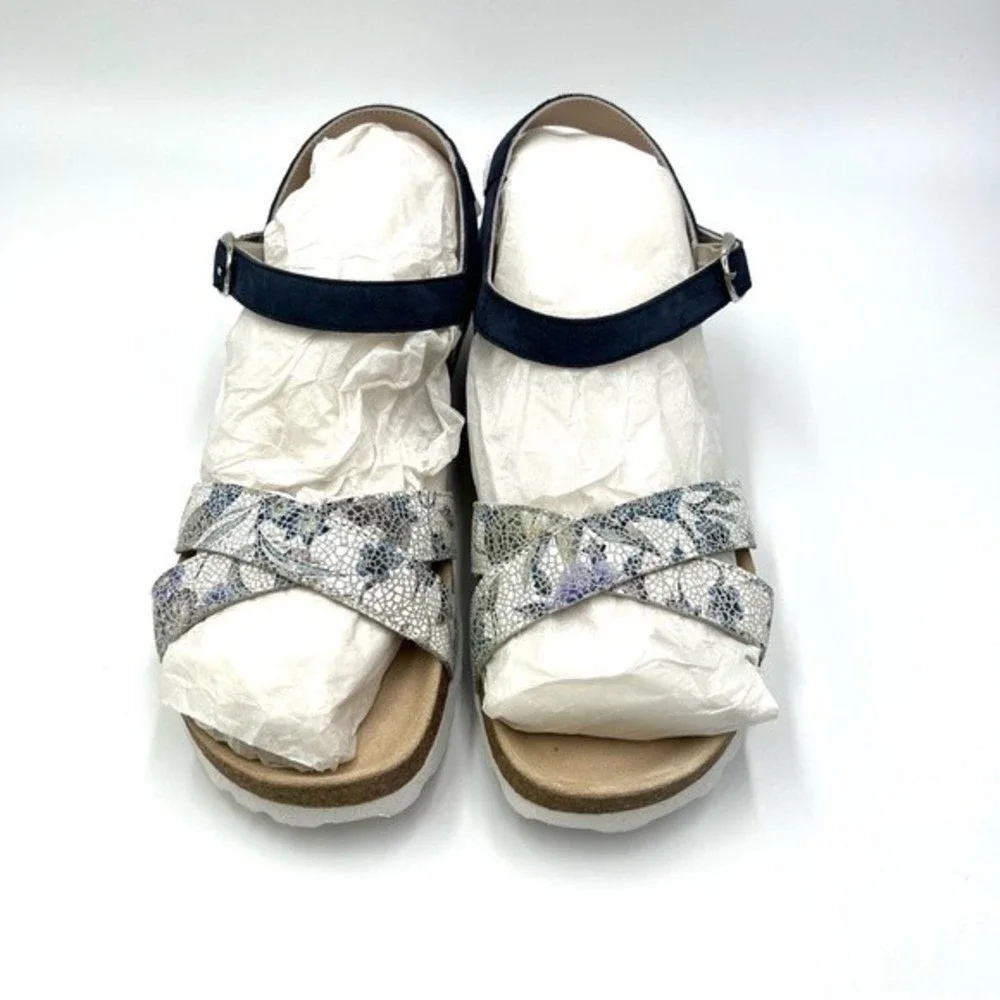 Mephisto Womens Size 10 Stela Blue Leather Floral‎ Crackle Comfort Sandals NEW